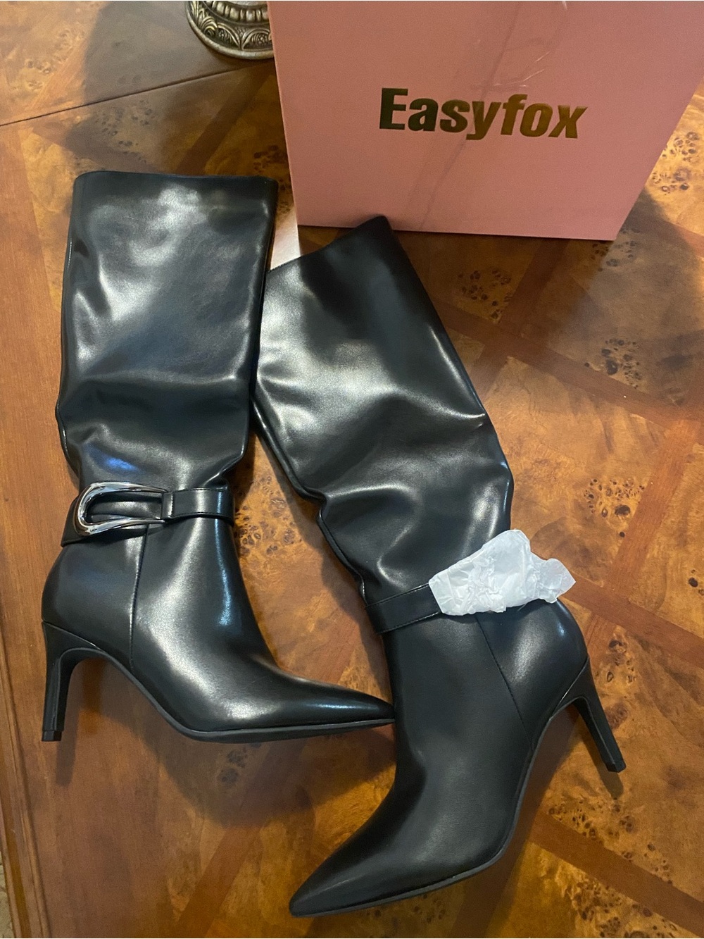 NWT- Pointed-Toe Mid-Heel Knee Boot with  buckle new in box & with 2 dust bags